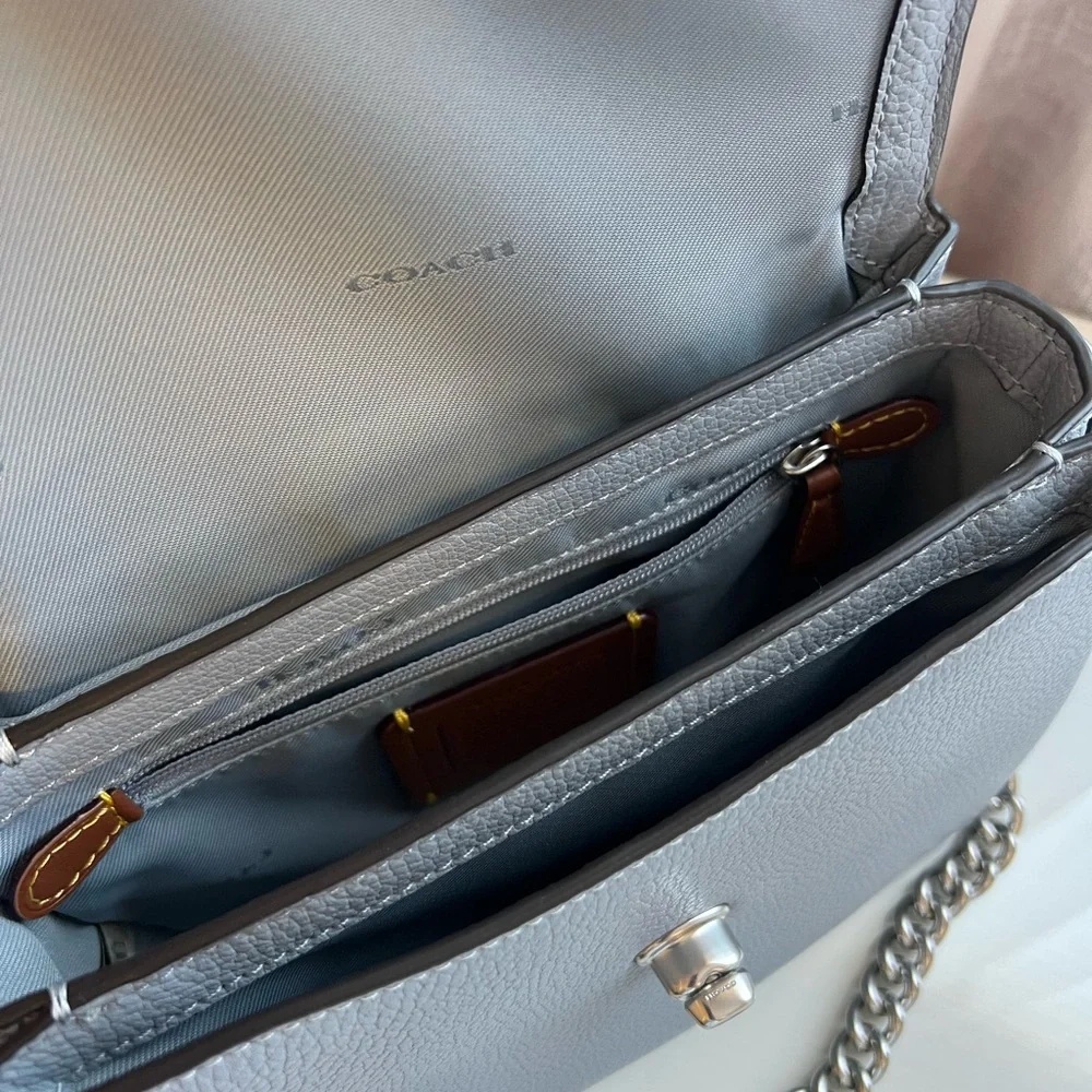 COACH Light Blue Pebbled Leather Crossbody with Chain Strap - Picture 2 of 7